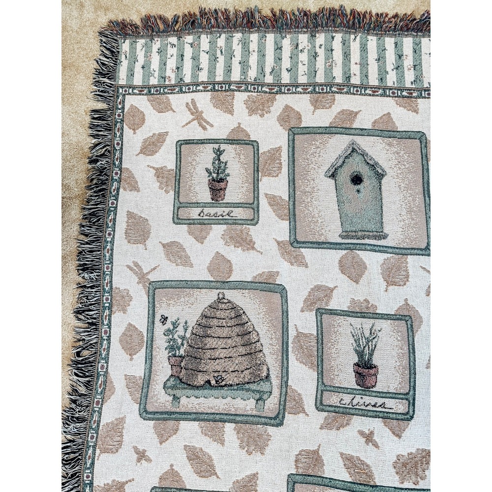 Vintage Pfaltzgraff Naturewood Woven Throw Blanket Afghan Birdhouse Garden 49x60